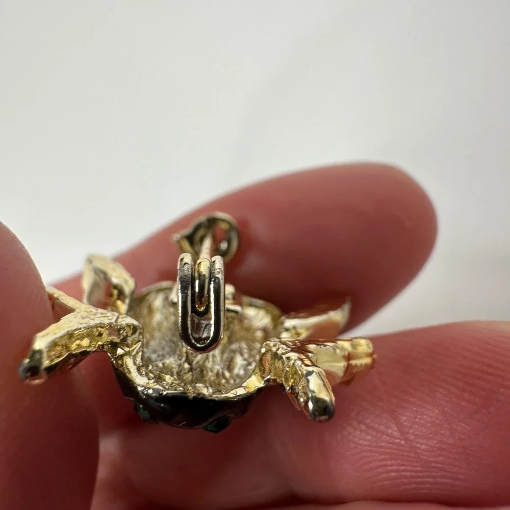 Ladybug Beetle Brooch‎ Black Enamel Red Polka Dot Green Eyes Gold Tone Vintage